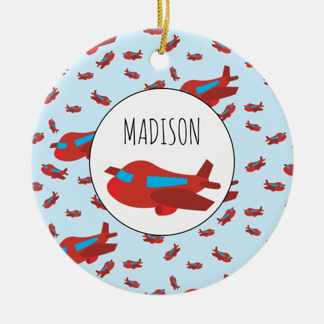 Red & Blue Aeroplane Pattern Custom Name Ceramic Tree Decoration (Front)