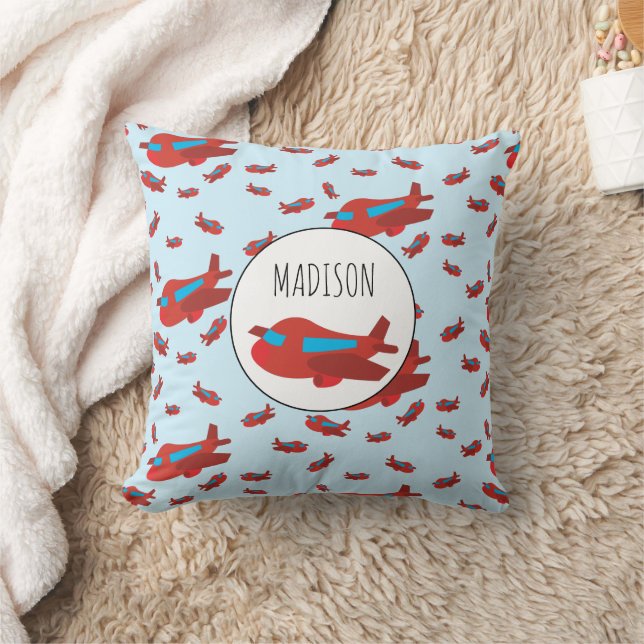 Red & Blue Aeroplane Pattern Custom Name Cushion (Blanket)