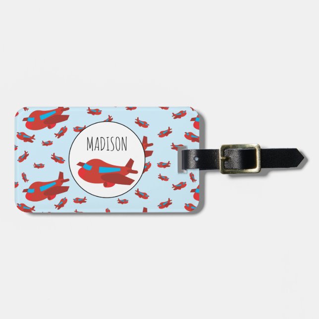 Red & Blue Aeroplane Pattern Custom Name Luggage Tag (Front Horizontal)