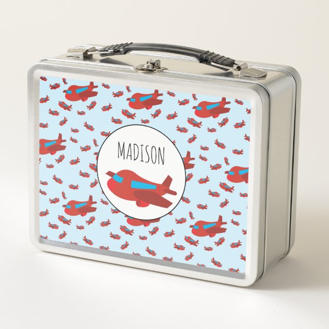Red & Blue Aeroplane Pattern Custom Name Metal Lunch Box (Front)