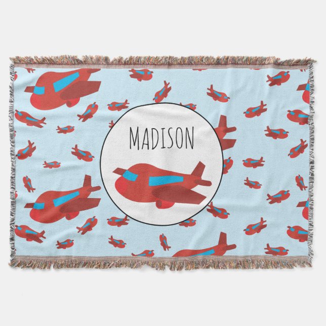 Red & Blue Aeroplane Pattern Custom Name Throw Blanket (Front)