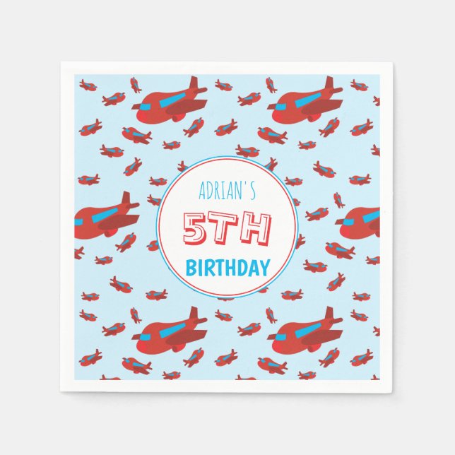 Red Blue Aeroplane Pattern Kids Boys Girls Birthda Napkin (Front)