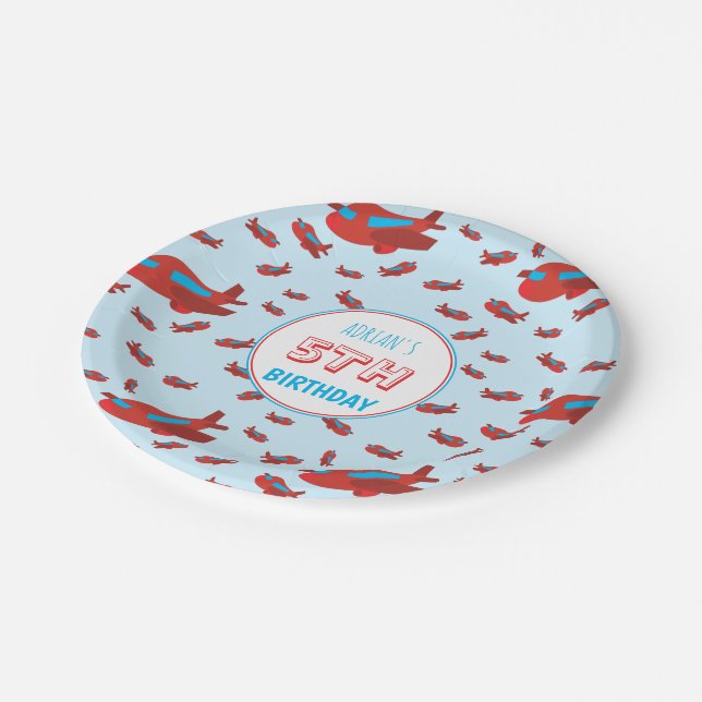 Red Blue Aeroplane Pattern Kids Boys Girls Birthda Paper Plate (Angled)