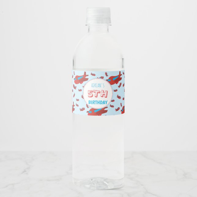 Red Blue Aeroplane Pattern Kids Boys Girls Birthda Water Bottle Label (Front)
