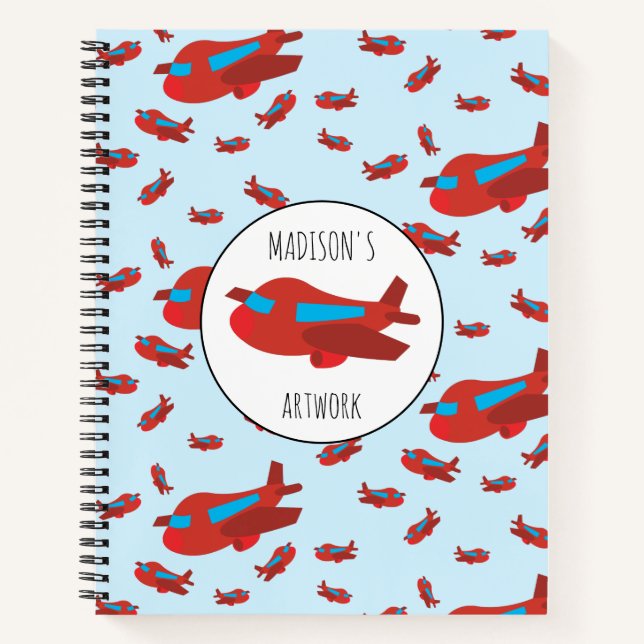 Red & Blue Aeroplane Pattern Kids Name Sketchbook Notebook (Front)