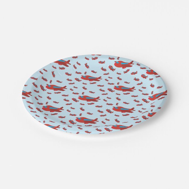 Red & Blue Aeroplane Pattern Paper Plate (Angled)