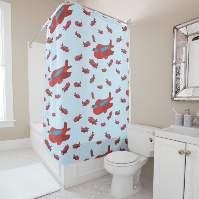 Red & Blue Aeroplane Pattern Shower Curtain (In Situ)
