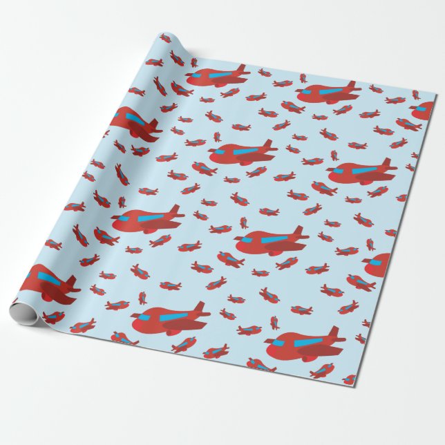 Red & Blue Aeroplane Pattern Wrapping Paper (Unrolled)