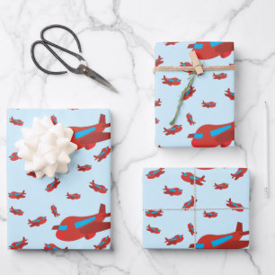 Red & Blue Aeroplane Pattern Wrapping Paper Sheet