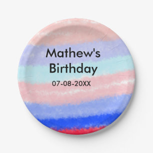Red blue American boy birthday add name date Paper Plate