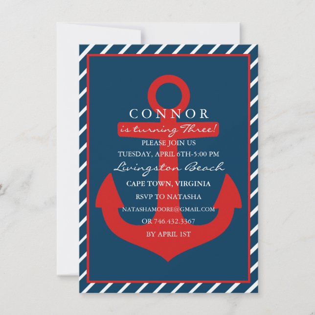 Red & Blue Anchor Birthday Invitation (Front)