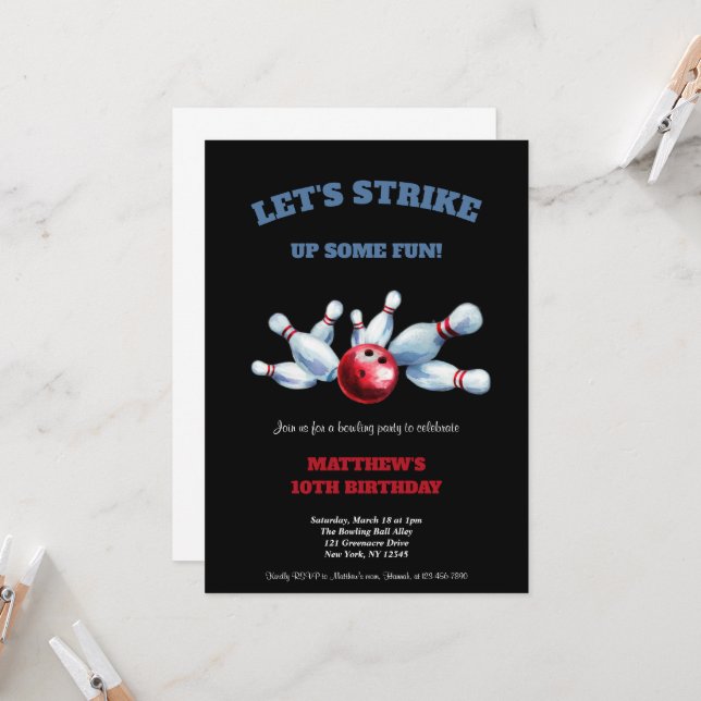 RED,BLUE AND BLACK BOWLING BIRTHDAY PARTY  INVITATION (Front/Back In Situ)