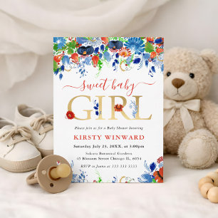 Red, Blue and Green Summer Flowers Baby Shower Invitation