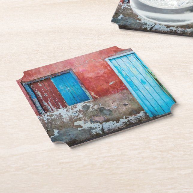 Red, blue and grey wall, door and window paper coaster (Angled)