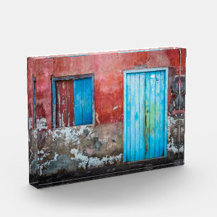 Red, blue and grey wall, door and window photo block