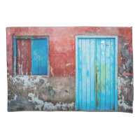 Red, blue and grey wall, door and window