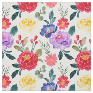 Red Blue and Purple Watercolor Flowers Fabric