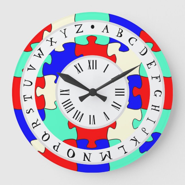 Red, Blue and White Jigsaw and English Alphabet Large Clock (Front)