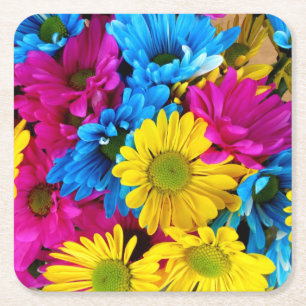 red, blue and yellow daisies square coaster