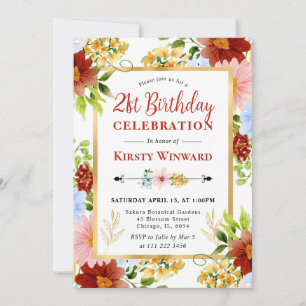 Red, Blue and Yellow Flowers 21st Birthday Invitation