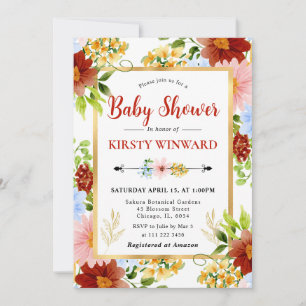 Red, Blue and Yellow Flowers Baby Shower Invitation