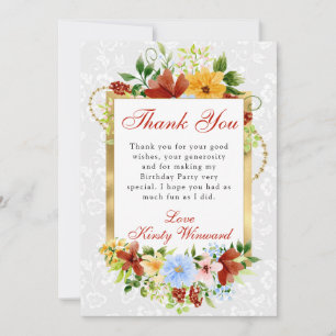 Red, Blue and Yellow Flowers Gold Birthday Thank You Card