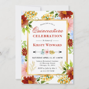 Red, Blue and Yellow Flowers Quinceanera Invitation
