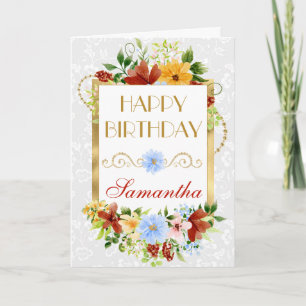 Red, Blue and Yellow Summer Flowers Gold Birthday Card