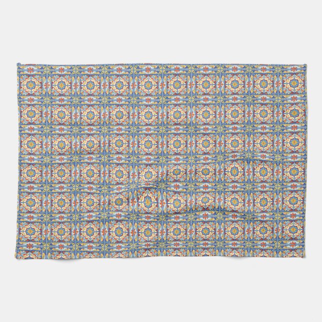 Red, Blue and Yellow Tiles Tea Towel (Horizontal)