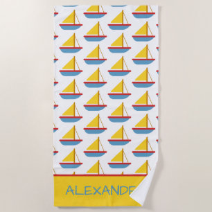 Red Blue and Yellow Toy Sailboat Personalized Beach Towel