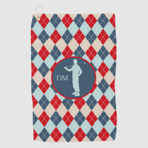 Red Blue Argyle Silhouette Golfer Monogram Golf Towel