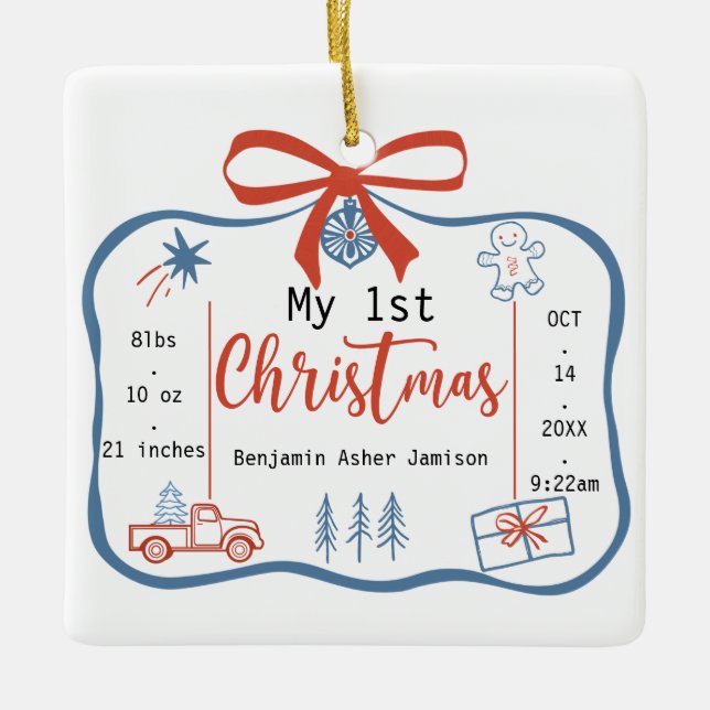 Red & Blue Baby Boy’s 1st Christmas Birth Stats Ceramic Ornament (Front)