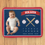 Red Blue Baseball Bats Balls Monthly Milestone Baby Blanket<br><div class="desc">Track your baby's growth with this cute personalised milestone blanket. Take pictures of your baby with this adorable background prop blanket and track your baby's first year milestones. Customise it with your baby's name to make your own unique nursery keepsake baby blanket. Perfect gift for baby shower and new parents....</div>