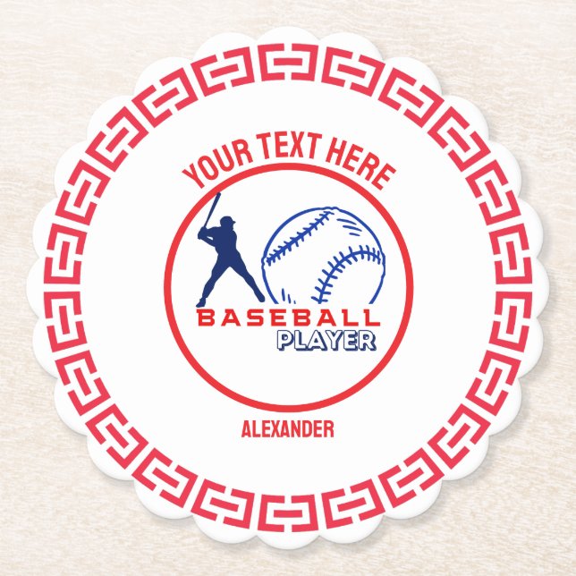 Red Blue Baseball Girl Boy Birthday Party Paper Coaster (Front)