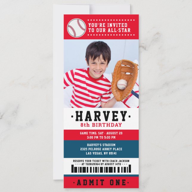 Red Blue Baseball Ticket Birthday Party Photo Invitation (Front)