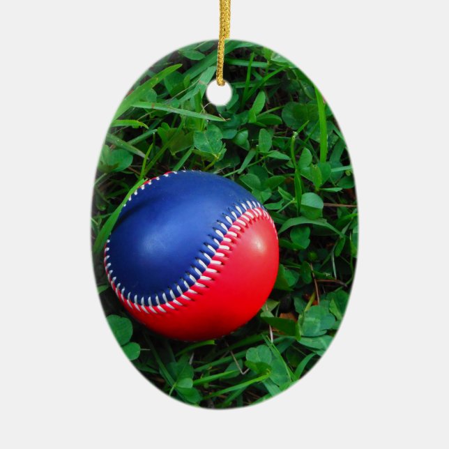 Red & Blue Baseball with White Stitching Ceramic Tree Decoration (Front)