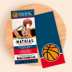 Red Blue Basketball Ticket Birthday Photo Invitation