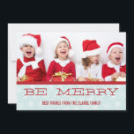RED BLUE BE MERRY HOLIDAY PHOTO CARD<br><div class="desc">BE MERRY HOLIDAY PHOTO FLAT CARD. Send out your Christmas greetings to your friends and family using this fun holiday card with photo. "BE MERRY". The light blue snowflake background pattern adds a touch of whimsy to your personalised red and blue Christmas Card. Add your own photo, greeting message and...</div>