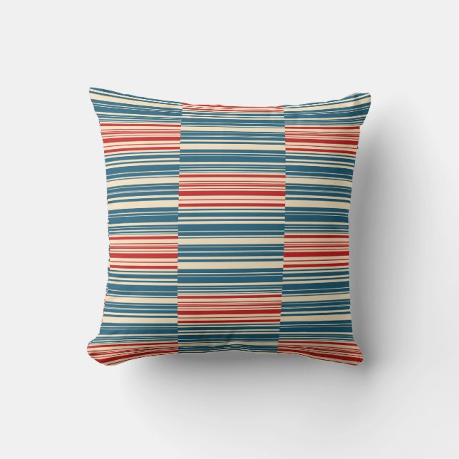 Red Blue Beige Stripes Cushion (Front)