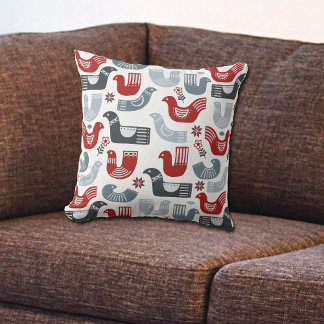 Red Blue Bird Nordic Folk Art Pattern Cushion