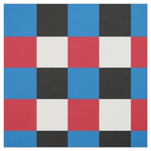 Red, blue, black and white chequerboard pattern fabric