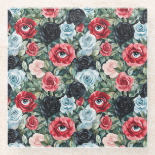 Red Blue Black Flowers with Eyes Glass Coaster