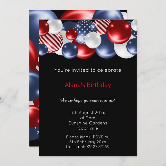 RED BLUE BLACK PATRIOTIC BALLOON  INVITATION (Front/Back)