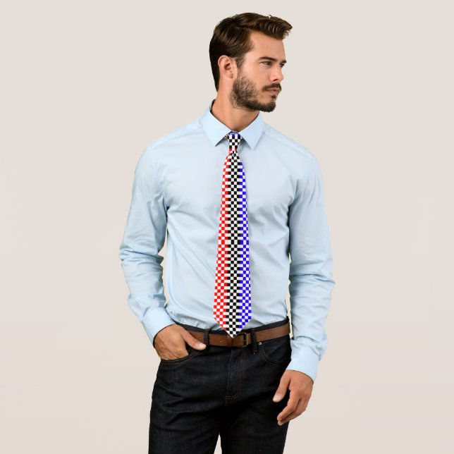 Red Blue / Black White V Check by Kenneth Yoncich Tie (In Situ)
