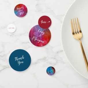 Red & Blue Bokeh Modern Names, Love, Date Confetti