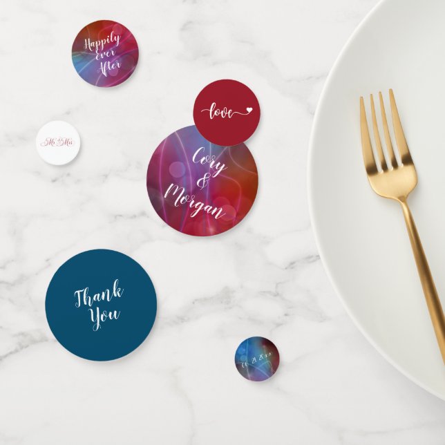 Red & Blue Bokeh Modern| Names, Love, Date Confetti (Group)