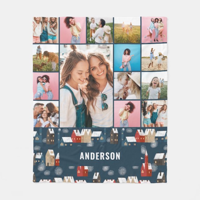 Red blue botanical modern minimal pampas 15 photo fleece blanket (Front)