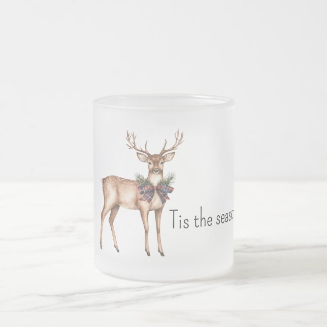 Red Blue Bow Tie Deer Christmas Frosted Glass Coffee Mug (Center)