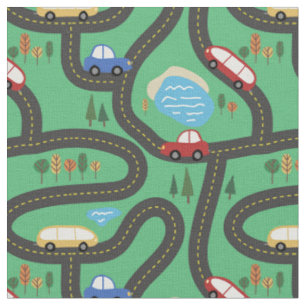 Red & Blue Cars - Kids Road Map Fabric