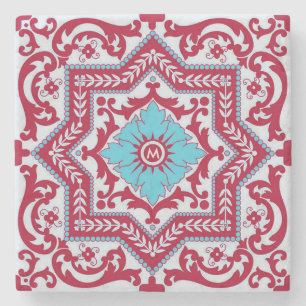 Red Blue Ceramic Style Azulejo Vintage Monogram Stone Coaster